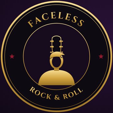 The Faceless Rock and Roll badge: a gold silhouette with a blank face and a guitar headstock crown.